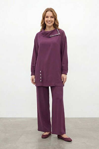 Puane Kadın Degaje Yaka Taş Detaylı Tunik Pantolon Takım - 14448TKS - DAMSON