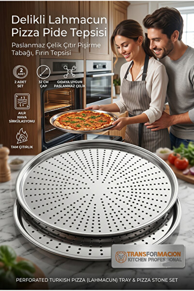 Transformacion 2'li Set Delikli Lahmacun Pizza Pide Tepsisi, 32 cm Paslanmaz ...