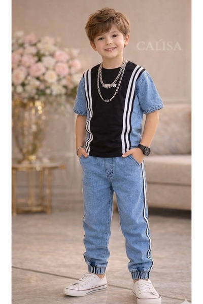 CALİSA Costum premium pentru băieți, cu dungi și detalii din denim, combinați...