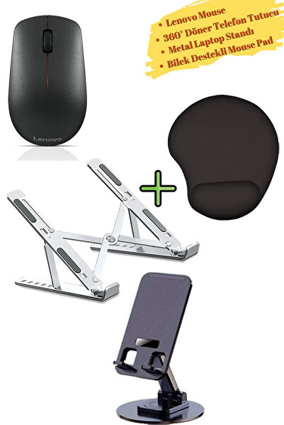 LENOVO Mouse Kablosuz GY50R91293, Metal Laptop Standı, Bilek Destekli Mousepa...