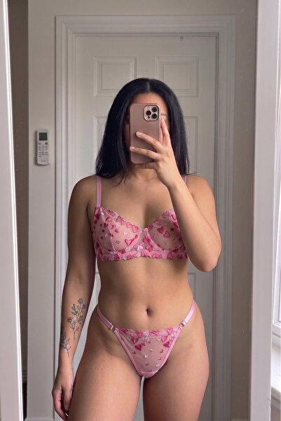 FNC design Romantik Kalp Desenli Pembe Brode Bralet ve String Takım