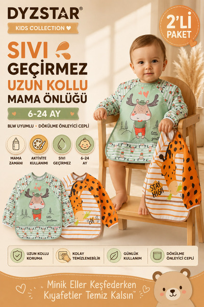 Generic Brand 2-Pack Liquid-Proof Long-Sleeved Children's Bibs 6-24 Months Bl...
