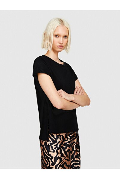 Sisley bumbac 100% Lat guler rotund Îngust croială Drept tricou Femeie Negru ...