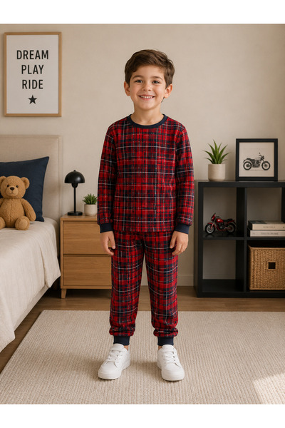 Fil Kids Dečački pamučni set pidžama od antilop tkanine sa crvenim kariranim ...