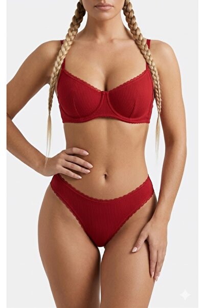 RUYAZ Women's Cotton Red Ribbed Bra Panty Set Large and Small Sizes