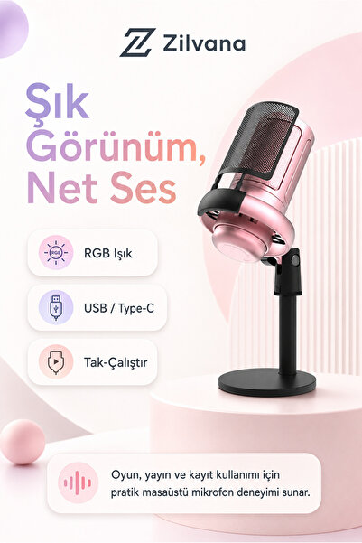 Zilvana Nexora RGB USB Kondenser Masaüstü Mikrofon Karaoke Yayın (Type-C) Pembe
