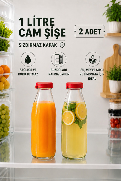 Rotanev 2 Adet 1 Litre Şeffaf Sürahi Süt, Ayran, Su, Limonata, Meşrubat Şişes...
