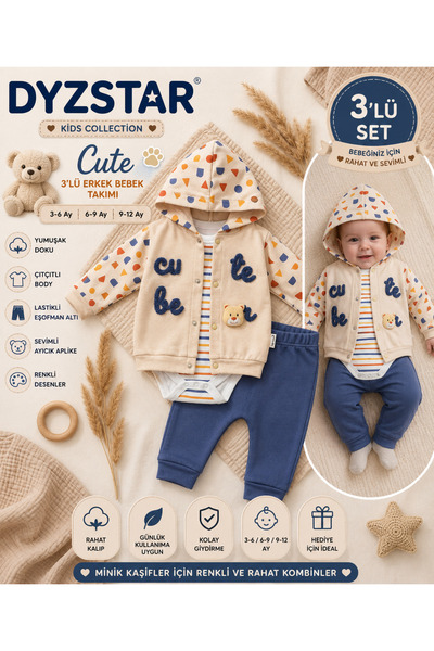 DYZSTAR Cute 3-Piece Baby Boy Set 3-6 Months 6-9 Months 9-12 Months Hooded Ca...