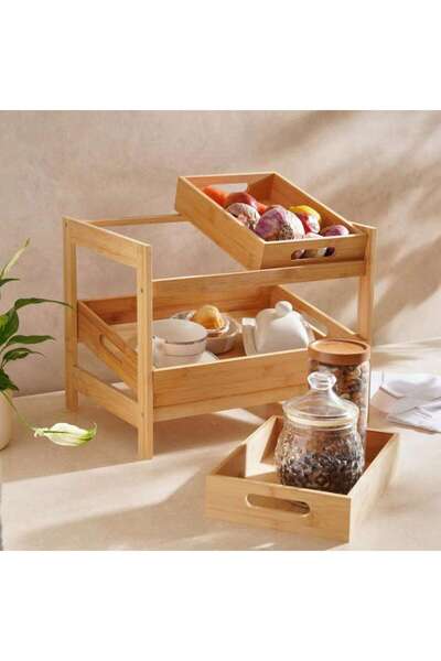 PAN HOME Natura Bamboo 3-Piece Kitchen Basket With Stand - Natural