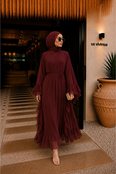 bellura Fırfırlı Asimetrik Kesim Bağcıklı İçlikli Şifon Elbise Abaya Takım