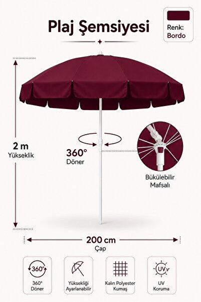 Düvenci Bordo Plaj Şemsiyesi 200 cm çap /10 telli, Polyester Kumaş