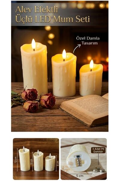 TARIK HOME 3'lü Set Pilli Led Mum - Alev Efektli Eriyen Görünümlü Dekoratif M...