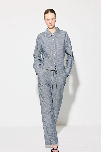 Gusto Beli Wide-Leg Linen Trousers with Drawstring Belt - Navy Blue