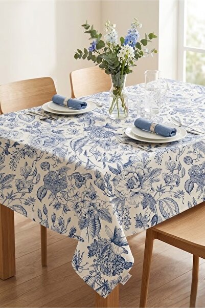 Rona Home Față de masă cu model floral albastru și alb, țesătură țesută de ca...