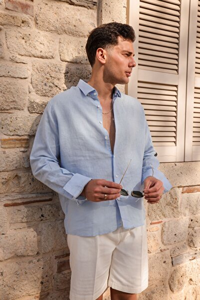 no7man Ulivo Baby Blue Linen Men's Shirt