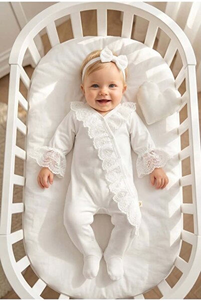 Miniday Baby Kız Bebek Mevlütlük Tulum Dantelli Bandanalı
