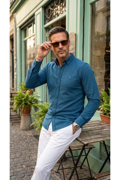 MEGALDİ Erkek Slim Fit Parlement Mavi Likralı Esnek Uzun Kollu Gömlek