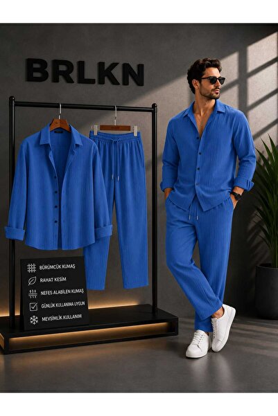 BRLKN Boyfriend Fit Gofre Kumaş Alaçatı Unisex Bürümcük gömlek Eşofman Takımı