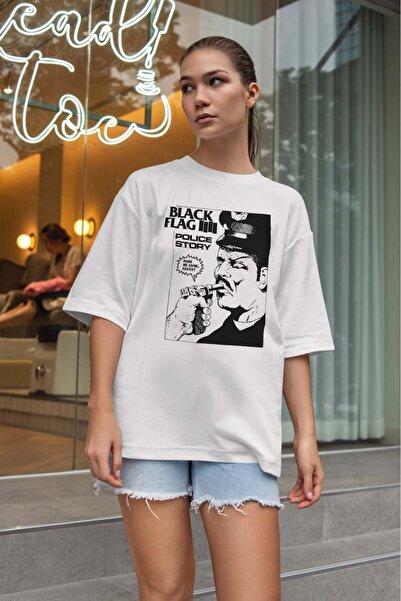 buzagi tasarım ürünleri Black Flag Oversize Unisex White T-Shirt