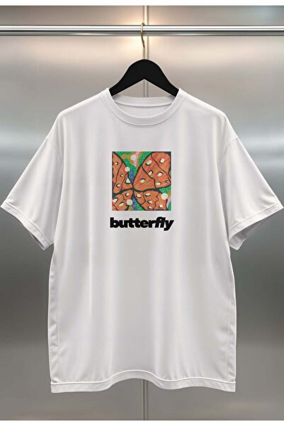buzagi tasarım ürünleri Butterfly Digital Print Oversize White Unisex T-Shirt