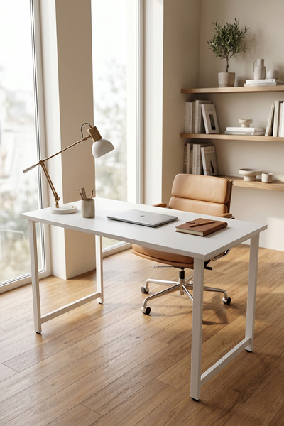 Sevinse Home ATELIER Metal Ayaklı Beyaz Çalışma Masası, Bilgisayar Masası, Of...