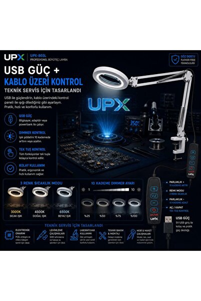 UPX Büyüteç 803L 5x 12w Led Aydınlatma 107 mm Cam Lens 5 Diopter Adaptör Dahil Değildir