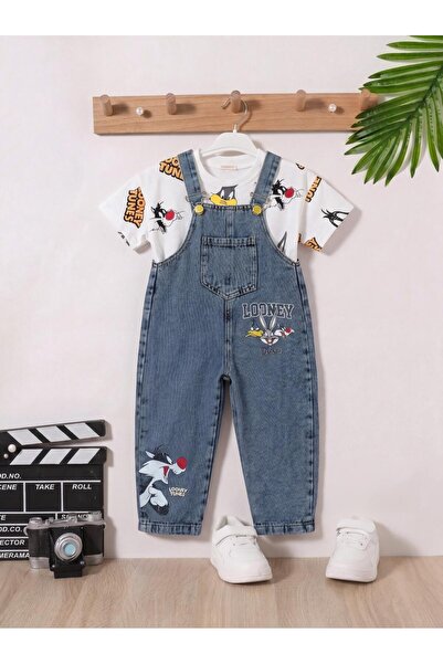 Mişsa Bebe Baskılı Çocuk Kot Salopet Trend 2 Parça Kombin 3-6 Yaş
