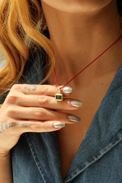 Spossy Silver Jewelry 925 Ayar Gümüş, Gold, Dikdörtgen Nazar Cam Göz Kırmızı ...