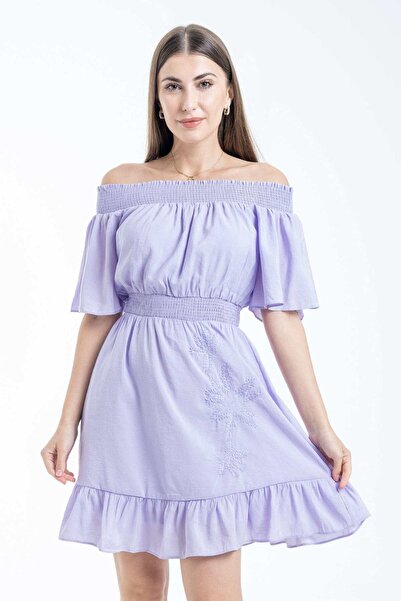 mica Short Waist-Defined Off-Shoulder Dress with Half Sleeves