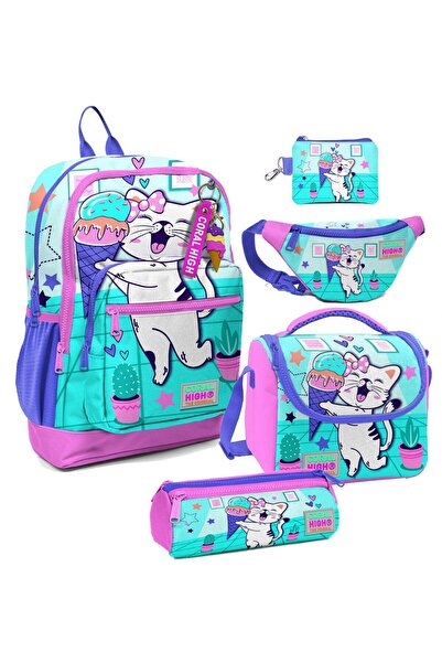 Coral High Turquoise and Pink Ice Cream Cat Patterned Primary School School B...