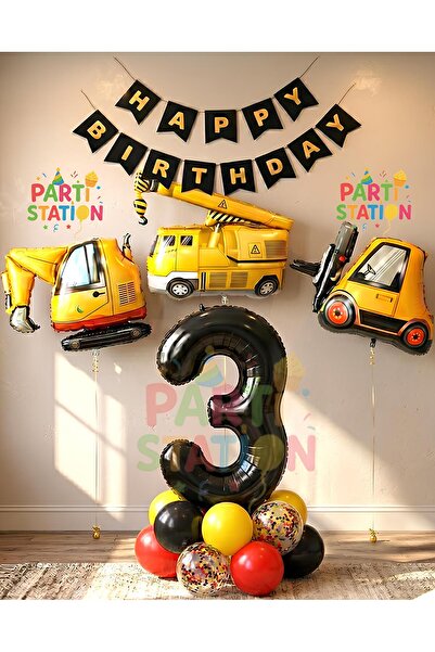 Parti Station İş Makinaları İnşaat Parti 3 Yaş Balon Set Kepçe Balon Vinç Bal...