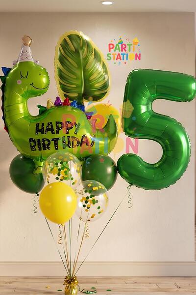 Parti Station Yeşil Dinozor Konsept 5 Yaş Balon Set Jurassic Dinozor Tema Doğ...