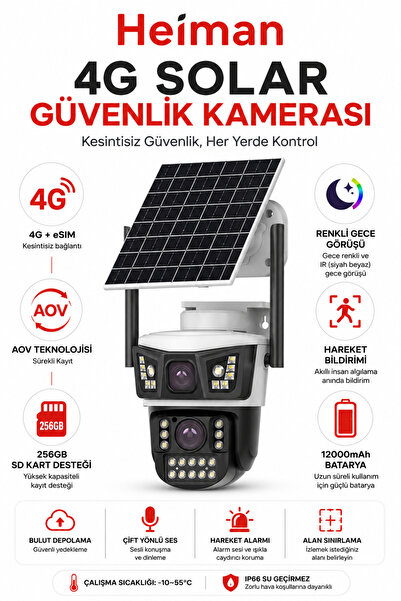 Heiman HM-850 2 Kameralı Solar PTZ 4G Sim Kartlı Kamera