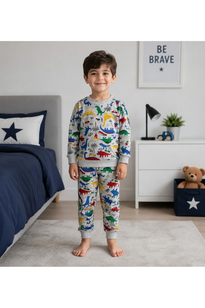 Fil Kids Boy's Cotton Gray Dinosaur Patterned Long Sleeve Seasonal Pajamas Set