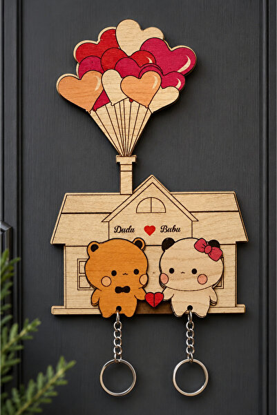 BİRBEYSTORE Set de 2 baloane din lemn - breloc pentru cuplu iubitori
