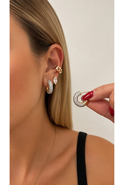 GLARE JEWELRY CO Lüks Zirkon Taşlı Mini Gold Halka Çelik Küpe (çivi kısmı 925...
