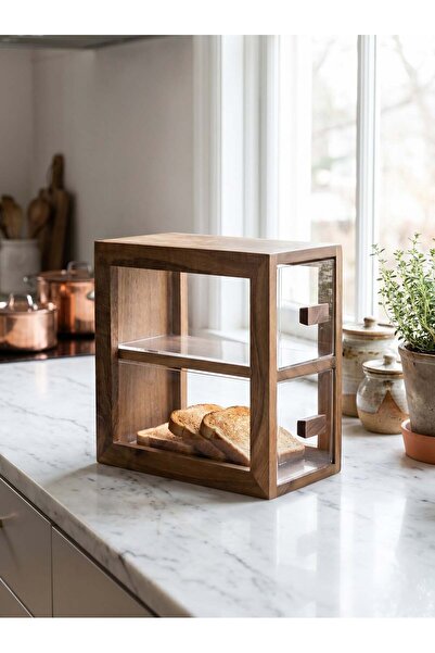 QURA Natural Wooden Bread Stand 2-Tier Walnut Wood