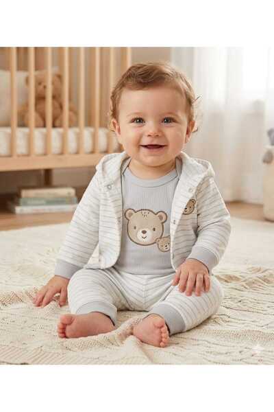 DEFNE LİNA BABY Eniababy Striped Bear Hooded 3-Piece Set