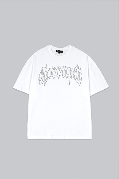 Fadeback Tricou bărbătesc alb oversize Corrupt cu strasuri și pietre negre
