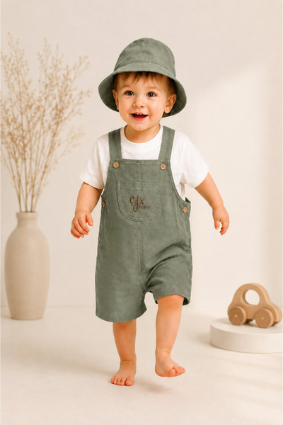 LUVVERA Hat, Salopet Set, 3-Piece Gabardine Summer Set with T-Shirt, 6-24 Months