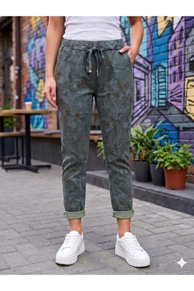 AYASOFYA OTANTIK Ženske uske pantalone antracit boje sa cvetnim uzorkom i vez...