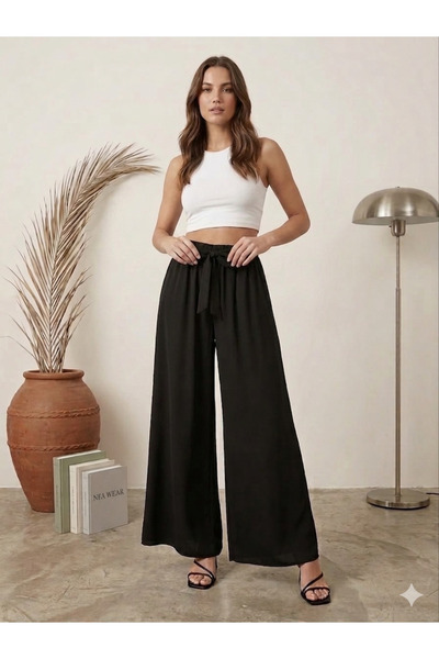 NFA WEAR Kadın Yüksek Bel Kuşak Bağlamalı Siyah Geniş Paça Kumaş Pantolon