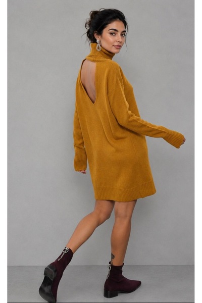 Be Best Women's Mustard Turtleneck Backless Knitwear Dress Be353