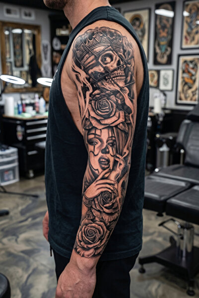 BP Tattoo Hapishane Dövmesi Kol Kaplama Kuru Kafa ve Kız Kol Dövmesi