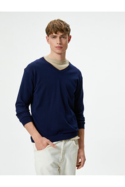 Koton Strickpullover mit V-Ausschnitt, schmale Passform, lange Ärmel