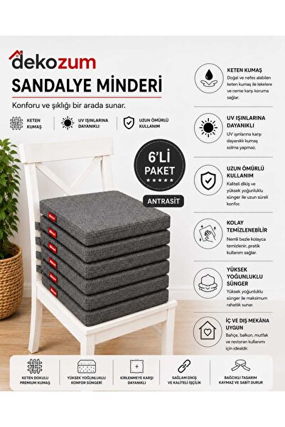 DEKOZUM COMFORT PLUS Sandalye Koltuk Minderi 40x40 Bağcıklı Fermuarlı Yıkanab...