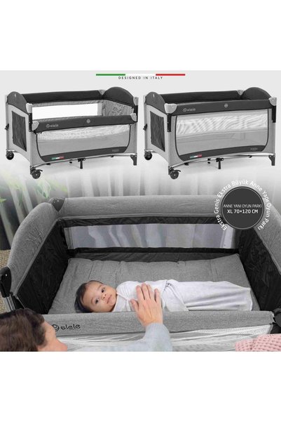 Elele Donna Anne Yanı Park Yatak Oyun Parkı XL 70x120 cm Gri-Siyah