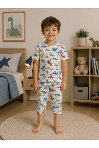 elmas kids Boy's 100% Cotton Dinosaur Patterned White Capri Pajama Set