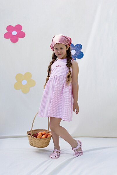 Miela Kids Розова карирана рокля с детайл с череши
