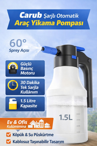 Carub Şarjlı Otomatik 1.5 Litre Yüksek Basınçlı Araç Yıkama Köpük Püskürtücü ...